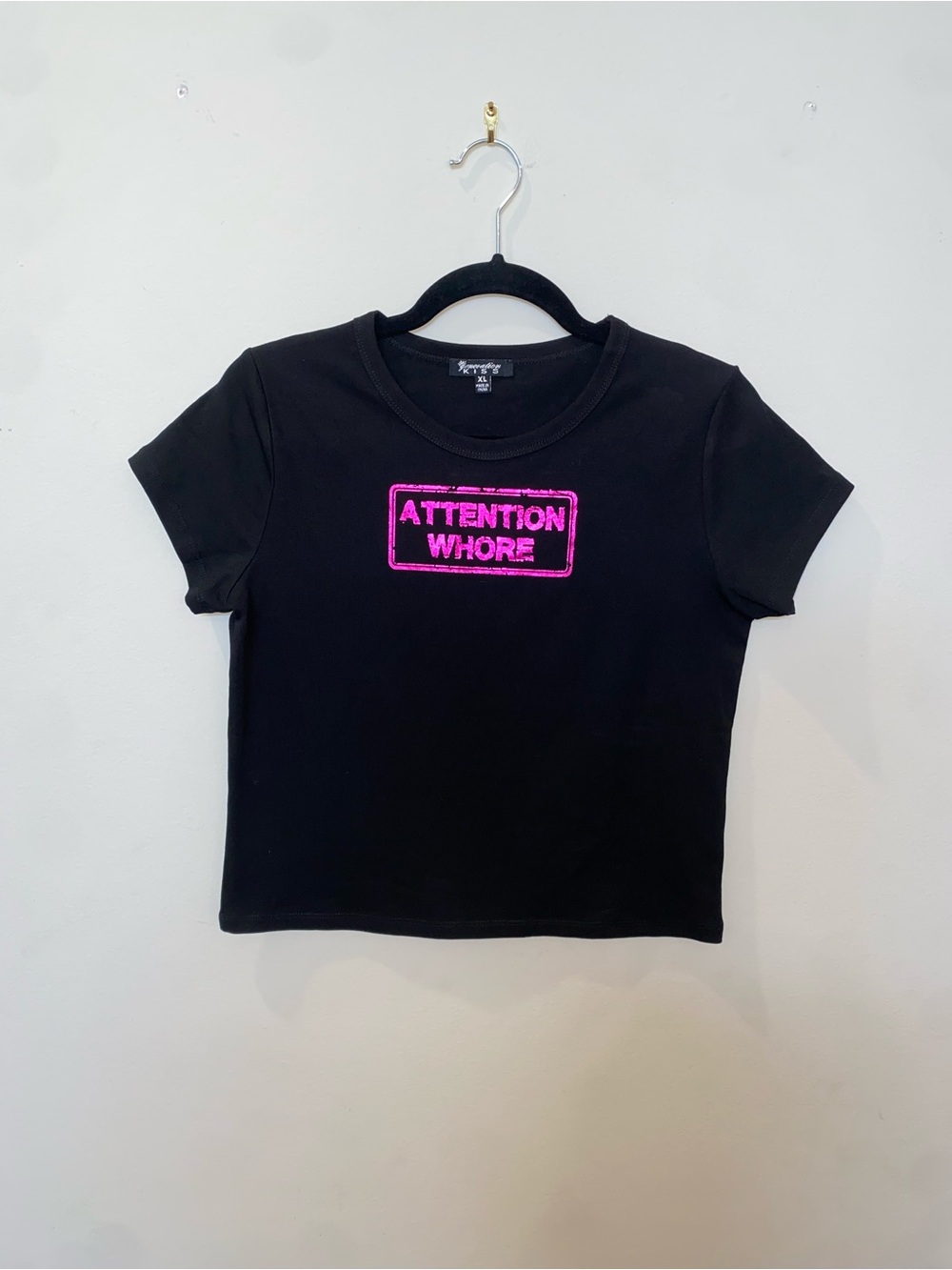 Generation Kiss Black Baby Tee with Neon Pink “Attention W**re” Graphic Y2K